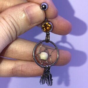 Topaz Orange gem with Cream bead Dream Catcher Dangle Belly Ring